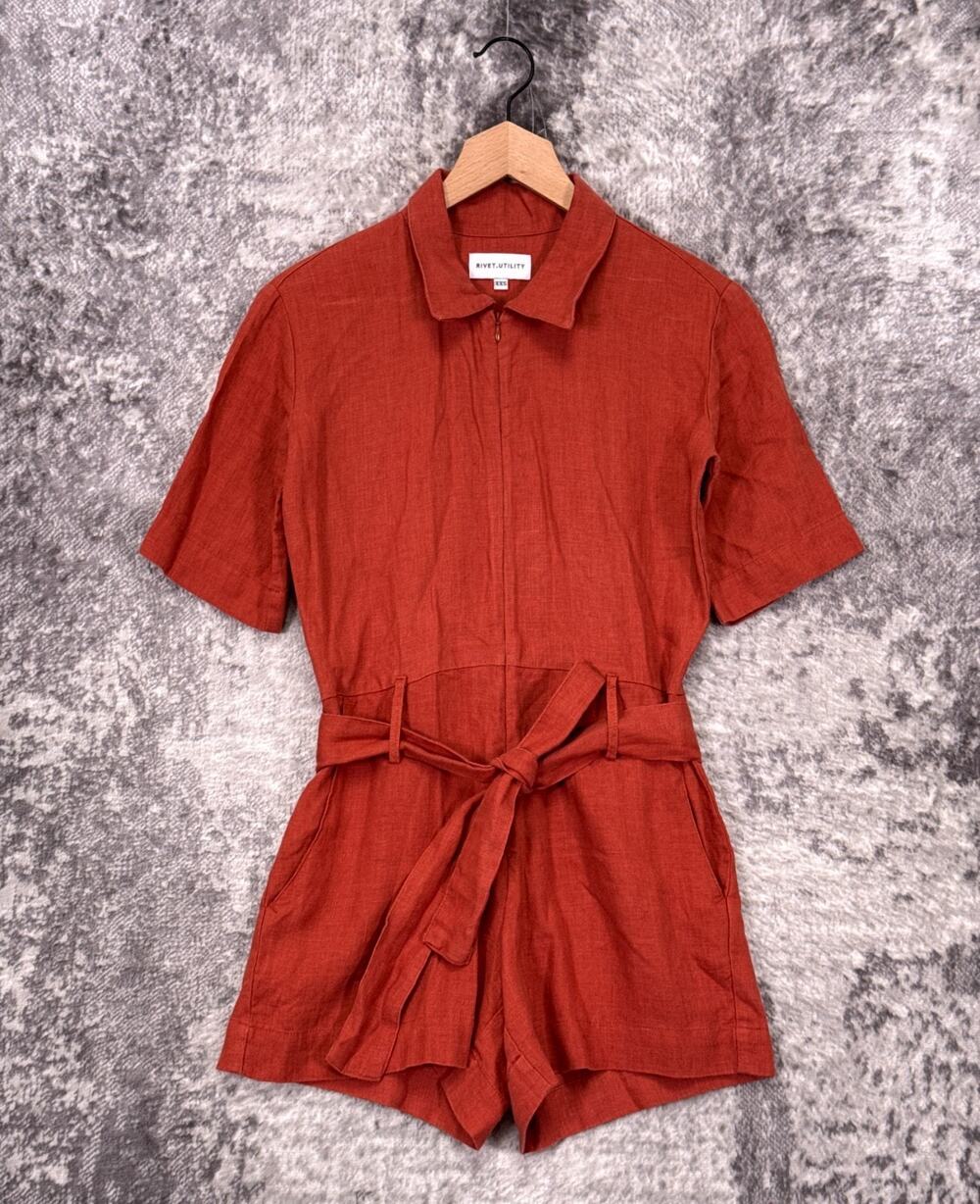 Rivet Utility Romper XXS Womens Burnt Orange Linen Zip Collared Jumpsuit